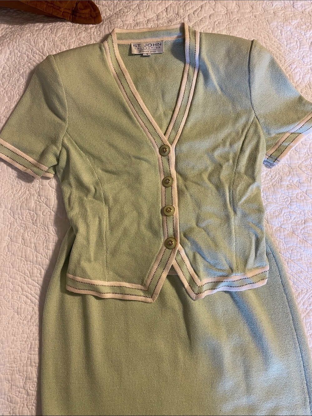 St. John Light Green Knit Two-Piece Set with Cream Trim